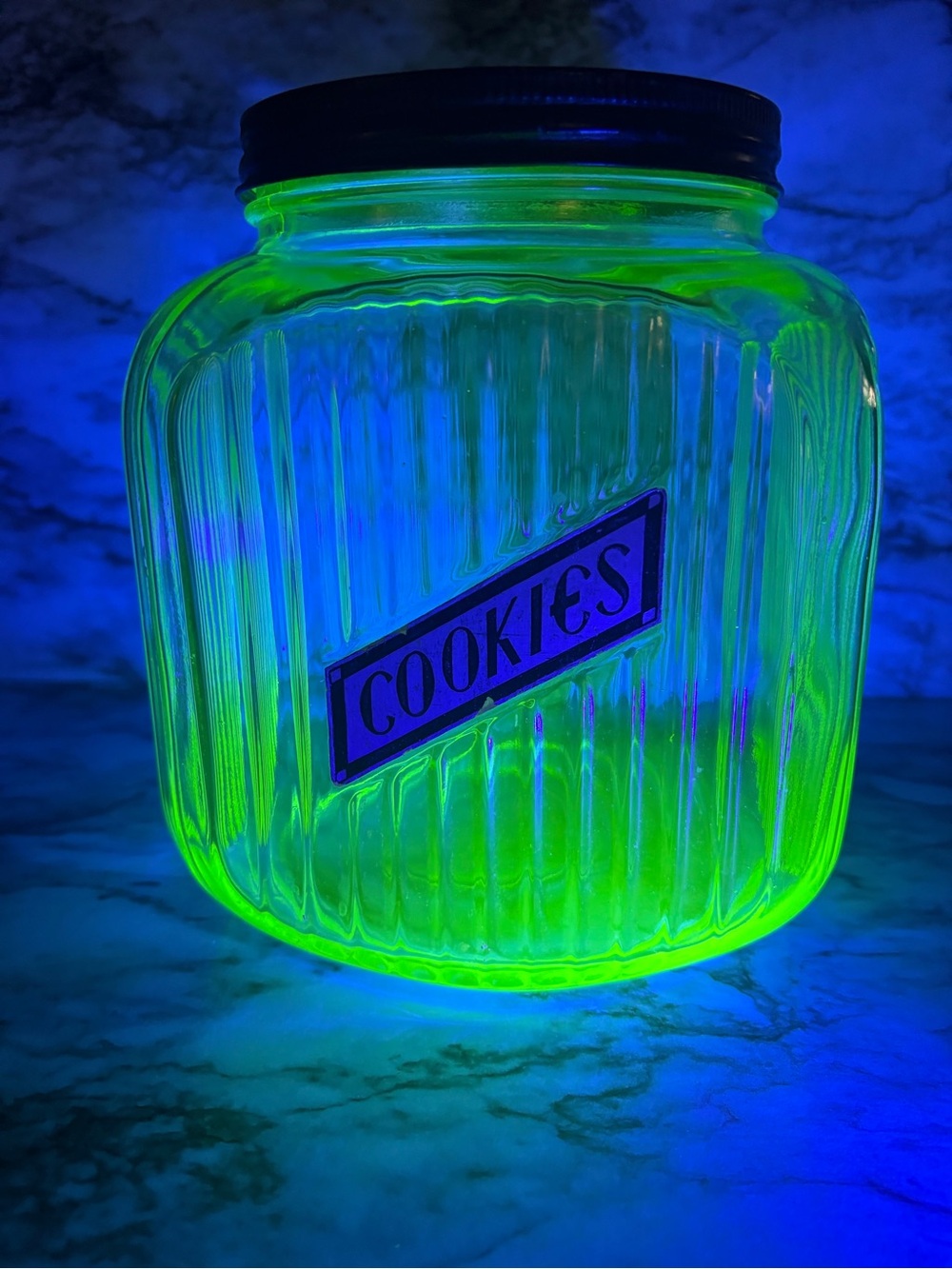 Anchor Hocking Uranium Glass Cookie Jar with Black Lid